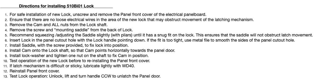 Directions for installing replacement Lock