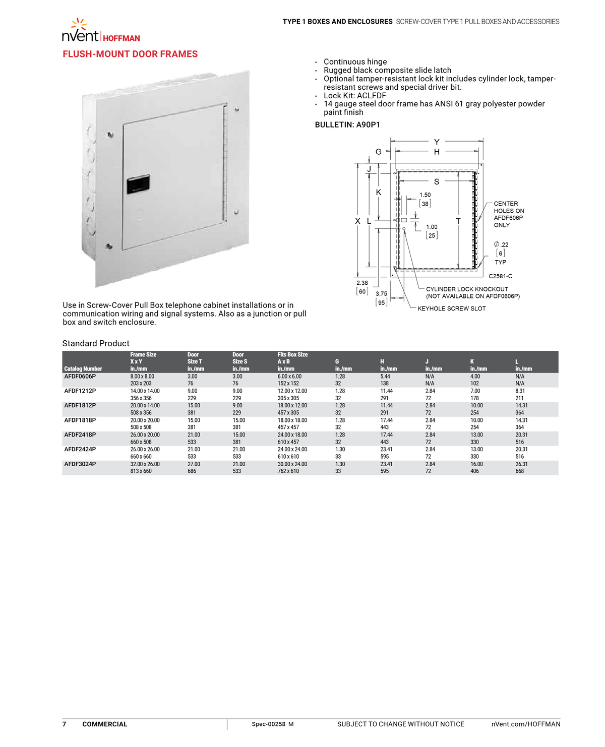 nVent Hoffman ACLFDF cylinder lock kit for flush-mount door frames, spec sheet